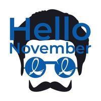 homme avec des lunettes bleues et signe de ruban de conscience. bonjour novembre conception de modèle de vecteur de sensibilisation au cancer. conception de vecteur de moustache.