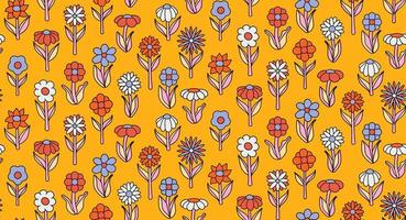 fond groovy. motif de répétition lumineux et harmonieux de fleurs épanouies simples dans le style hippie psychédélique des années 1970. ornement de décor graphique au design rétro. illustration vectorielle