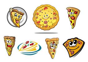 personnages et icônes de pizza de dessin animé coloré vecteur
