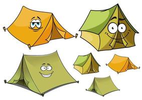 personnages de dessins animés de tentes vertes et jaunes vecteur