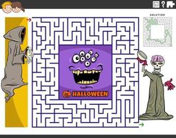 labyrinthe avec squelette de dessin animé et monstre à l'heure d'halloween vecteur