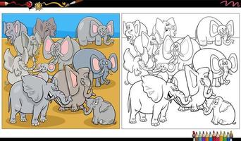 dessin animé, éléphants, animal sauvage, caractères, groupe, coloration, page vecteur