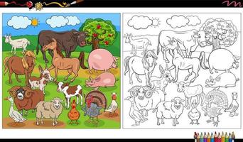 coloriage de groupe de personnages d'animaux de ferme de dessin animé vecteur