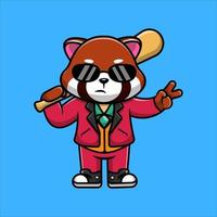 panda rouge mignon tenant une batte de baseball avec illustration d'icône de vecteur de dessin animé de main de paix. concept de dessin animé plat