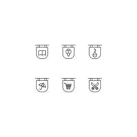 collection d'icônes de ligne de signes vectoriels et de symboles monochromes dessinés avec une fine ligne noire. adapté à la boutique, aux sites, aux applications. livre, crème glacée, ampoule de laboratoire, parapluie, caddie, ciseaux sur enseigne vecteur