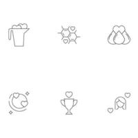 concept de romance, de rencontres et d'amour. symboles de contour de diverses choses à côté du cœur. icônes de ligne de coeur par pot, gouttes, composé chimique, planètes, gobelet, femme vecteur