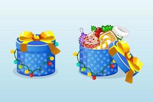 boîtes bleues de noël avec des bonbons et des guirlandes pour la conception graphique. jeu d'illustrations vectorielles isolé cadeau de nouvel an fermé et ouvert pour l'interface utilisateur. vecteur