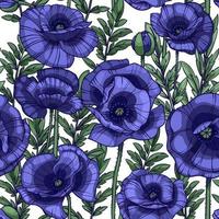 motif vectoriel sans couture de coquelicots bleu violet, fleurs, feuilles et tiges