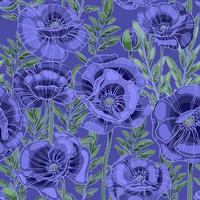 motif vectoriel sans couture de coquelicots bleu violet, fleurs, feuilles et tiges