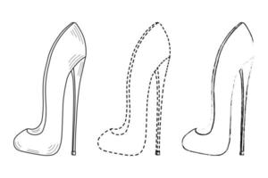 dessin croquis contour silhouette de chaussures pour femmes à la mode. style de ligne et coups de pinceau vecteur