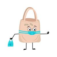 personnage de sac mignon avec visage dans un masque médical gardez la distance, les bras et les jambes. personne shopper avec expression de soin et pose. illustration vectorielle plate vecteur