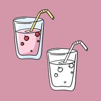 un ensemble d'icônes. milkshake rose aux baies dans un verre en verre, illustration vectorielle en style cartoon sur fond coloré vecteur