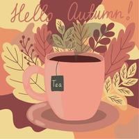 bonjour impression de style plat vecteur automne avec tasse de thé et feuilles d'automne. feuilles jaunes et rouges d'automne derrière l'illustration de la tasse de thé