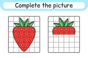 compléter le tableau fraise. copier l'image et la couleur. terminer l'image. livre de coloriage. jeu d'exercices de dessin éducatif pour les enfants vecteur