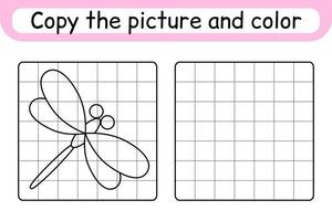 copier l'image et colorier la libellule. compléter le tableau. terminer l'image. livre de coloriage. jeu d'exercices de dessin éducatif pour les enfants vecteur