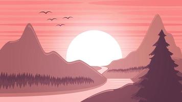 paysage de vecteur. coucher de soleil rose sur une rivière de montagne. fond de stock. vecteur