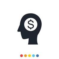 icône tête humaine avec symbole de pièce à l'intérieur, icône simple dans les concepts d'affaires financières. vecteur