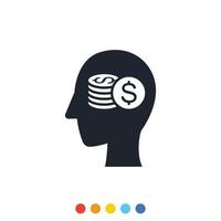 icône tête humaine avec pile de pièces à l'intérieur, icône simple dans les concepts d'affaires financières. vecteur