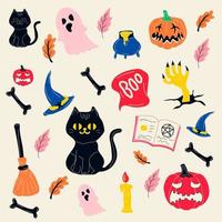 ensemble d'éléments d'halloween fantôme, citrouille, chat, chapeau, livre de sorts, balai. parfait pour le scrapbooking, la carte de voeux, l'invitation à une fête, l'affiche, l'étiquette, le kit d'autocollants. illustration vectorielle dessinés à la main isolé vecteur