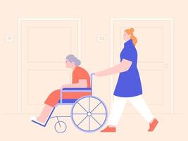 infirmière, pousser, femme âgée, sur, fauteuil roulant vecteur