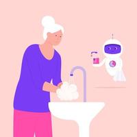 personne agee, femme, lavage, mains, santé, robot vecteur