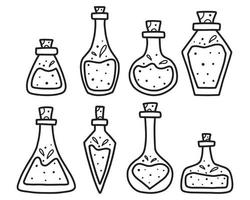 un ensemble de pots de potions. poison magique. illustration vectorielle. collection de flacons de poison. style de griffonnage. vecteur