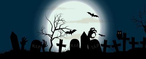 carte de voeux et affiche silhouette noire des mains des cimetières et des diables dans la scène de nuit d'horreur de la journée d'halloween. le tout dans la conception de vecteur de bannière.