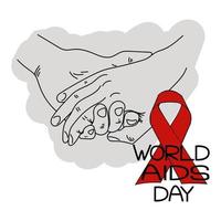 journée mondiale du sida. main dans la main symbolisant le soutien et l'aide, le ruban rouge et l'inscription thématique vecteur