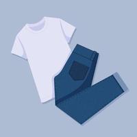 t-shirt blanc et jean bleu. idées de tenues décontractées pour femmes à plat. look tendance. vue d'en-haut. illustration vectorielle en style cartoon plat. vecteur