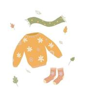 illustration de vêtements tricotés chauds. pull et chaussettes en tricot jaune. illustration pour sites, publicité, calendrier, brochures. vecteur