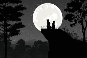 joli paysage de silhouette de lapin et de lune vecteur