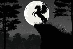 joli paysage de silhouette de licorne et de lune vecteur