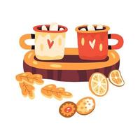 tasses d'automne de cacao avec des guimauves avec des biscuits et des tranches d'orange sur un support en bois. vecteur