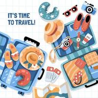 illustration touristique avec des valises ouvertes et divers objets sur le thème du voyage vecteur