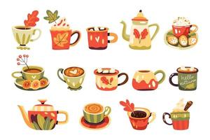 ensemble de tasses d'automne avec boissons chaudes, cacao, café, thé et théières décorées de feuilles vecteur
