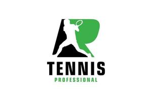 lettre r avec création de logo de silhouette de joueur de tennis. éléments de modèle de conception de vecteur pour l'équipe sportive ou l'identité d'entreprise.