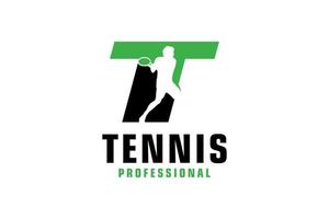 lettre t avec création de logo de silhouette de joueur de tennis. éléments de modèle de conception de vecteur pour l'équipe sportive ou l'identité d'entreprise.