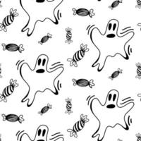 vecteur halloween fantôme et bonbons modèle sans couture isolé sur fond blanc. jolie illustration pour le design saisonnier, le textile, la décoration de la salle de jeux pour enfants ou la carte de voeux. impressions dessinées à la main et griffonnage