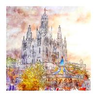 tibidabo barcelone croquis aquarelle illustration dessinée à la main vecteur