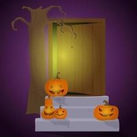 affiche d'Halloween. jack de citrouilles qui décore le seuil de la maison de la sorcière sous un vieil arbre. illustration vectorielle pour les vacances d'automne. vecteur