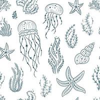 modèle sans couture avec coquillages, algues, poissons et étoiles de mer. vie marine sur fond blanc. pour l'impression, le tissu, le textile, la fabrication, les papiers peints. sous la mer vecteur