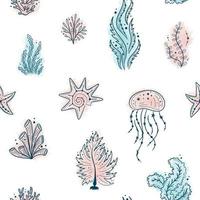 modèle sans couture avec méduses, coquillages, algues, coras et étoiles de mer. vie marine sur fond blanc. pour l'impression, le tissu, le textile, la fabrication, les papiers peints. sous la mer vecteur