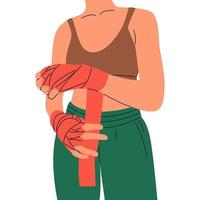 boxeuse fille déterminée en vêtements de sport, avec les bandages rouges. lutte féminine pour l'égalité des droits des femmes.entraînement, boxe, lutte, défense, sport. pouvoir des filles et féminisme. sportif, femme, combat vecteur