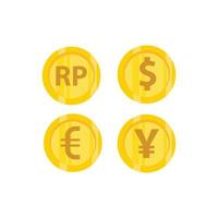 illustration vectorielle de pièces d'or, monnaie, épargne, argent, dollar, yuan, roupie, euro. vecteur