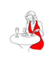 une fille en robe rouge mange à table. illustration vectorielle dans le style d'art en ligne. vecteur