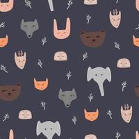 modèle vectorielle continue avec des visages d'animaux dans le style doodle. motif pour enfants à imprimer sur du lin pastel et de la papeterie. vecteur