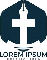 création de logo vectoriel église chrétienne. crucifixion et icône de pointe de stylo. symbole éducatif religieux. cours d'apprentissage et d'enseignement de la Bible.