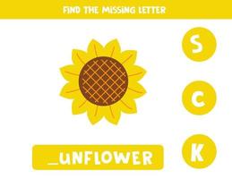 trouver la lettre manquante avec une fleur de soleil dessinée à la main. fiche d'orthographe. vecteur