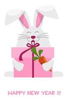 bonne année 2023, zodiaque de lapin de dessin animé. modèle de carte de voeux, lapin avec boîte-cadeau et carotte. vecteur