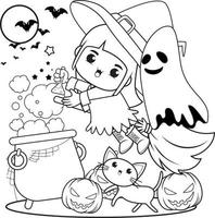 livre de coloriage halloween jolie petite fille sorcière vecteur